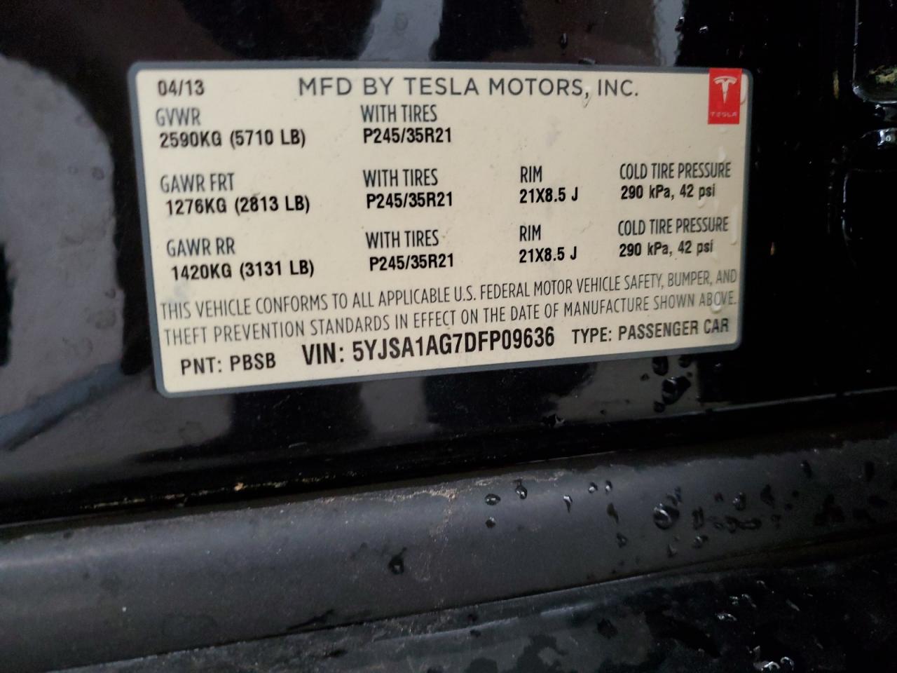 2013 Tesla Model S VIN: 5YJSA1AG7DFP09636 Lot: 85075244