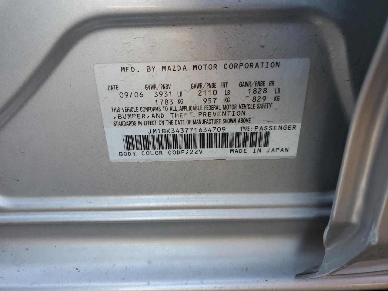 2007 Mazda 3 Hatchback VIN: JM1BK343771634709 Lot: 86841064