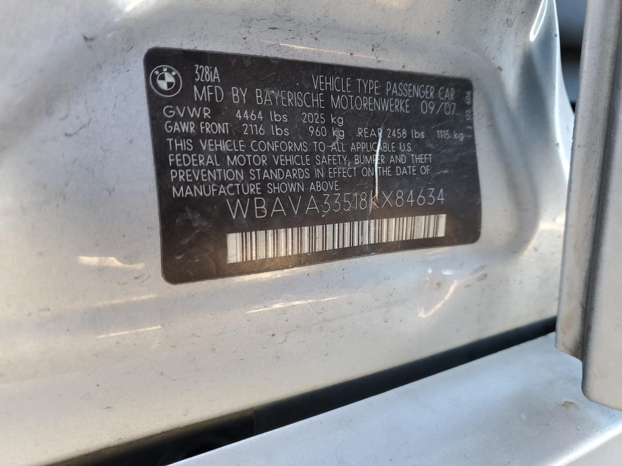 2008 BMW 328 I VIN: WBAVA33518KX84634 Lot: 83110004