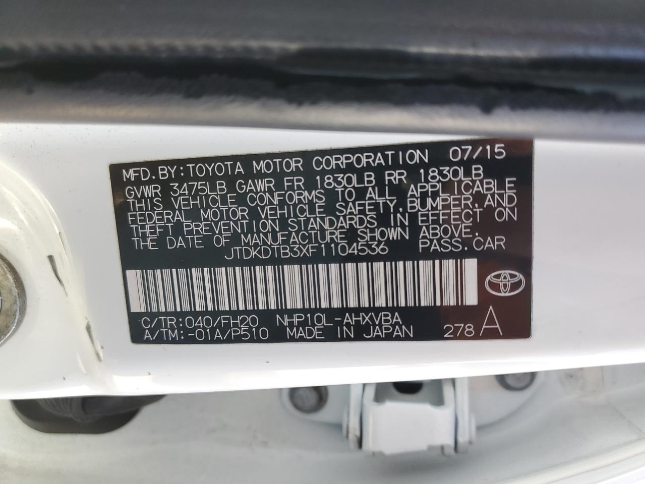 VIN JTDKDTB3XF1104536 2015 TOYOTA PRIUS no.14