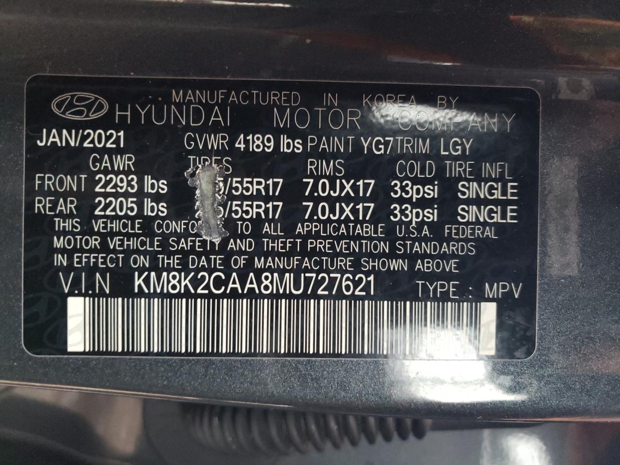 VIN KM8K2CAA8MU727621 2021 HYUNDAI KONA no.13