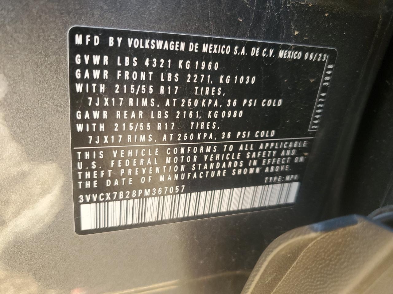 2023 Volkswagen Taos S VIN: 3VVCX7B28PM367057 Lot: 85986834