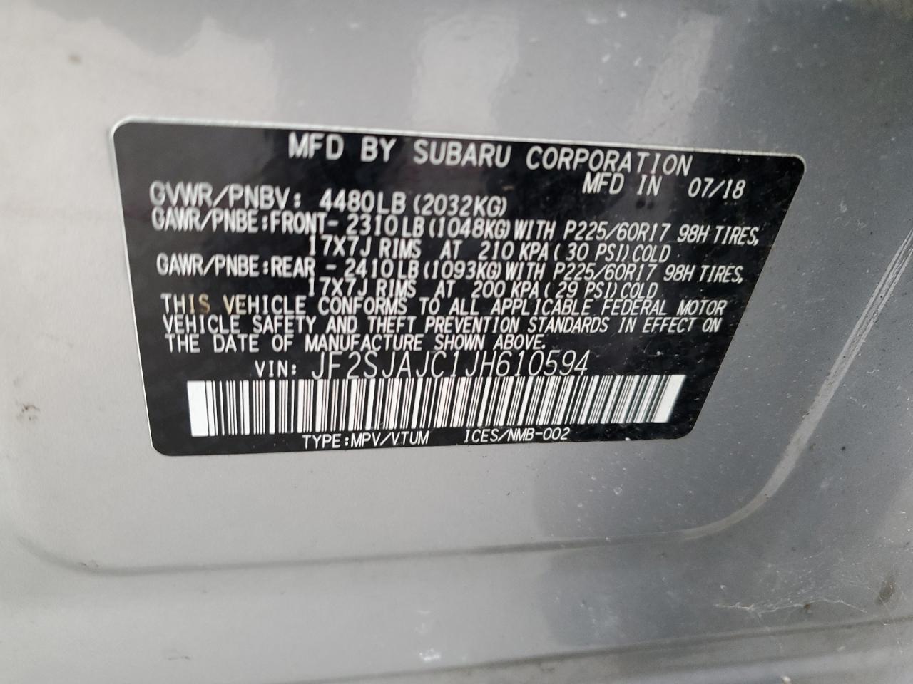 VIN JF2SJAJC1JH610594 2018 SUBARU FORESTER no.13