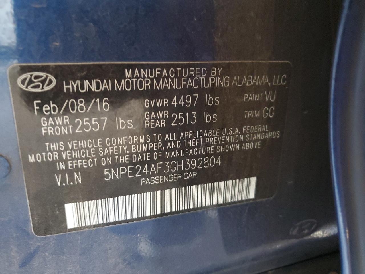 VIN 5NPE24AF3GH392804 2016 HYUNDAI SONATA no.12