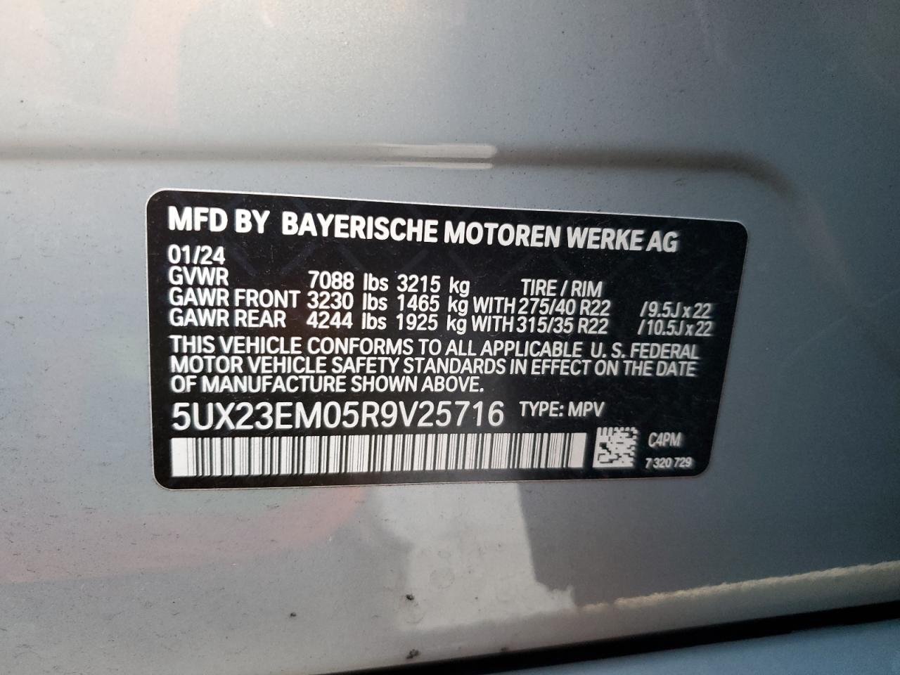 2024 BMW X7 xDrive40I VIN: 5UX23EM05R9V25716 Lot: 84957094