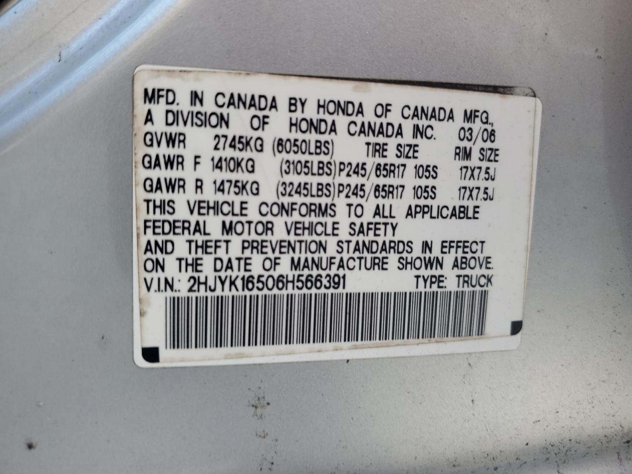 2006 Honda Ridgeline Rtl VIN: 2HJYK16506H566391 Lot: 85842104