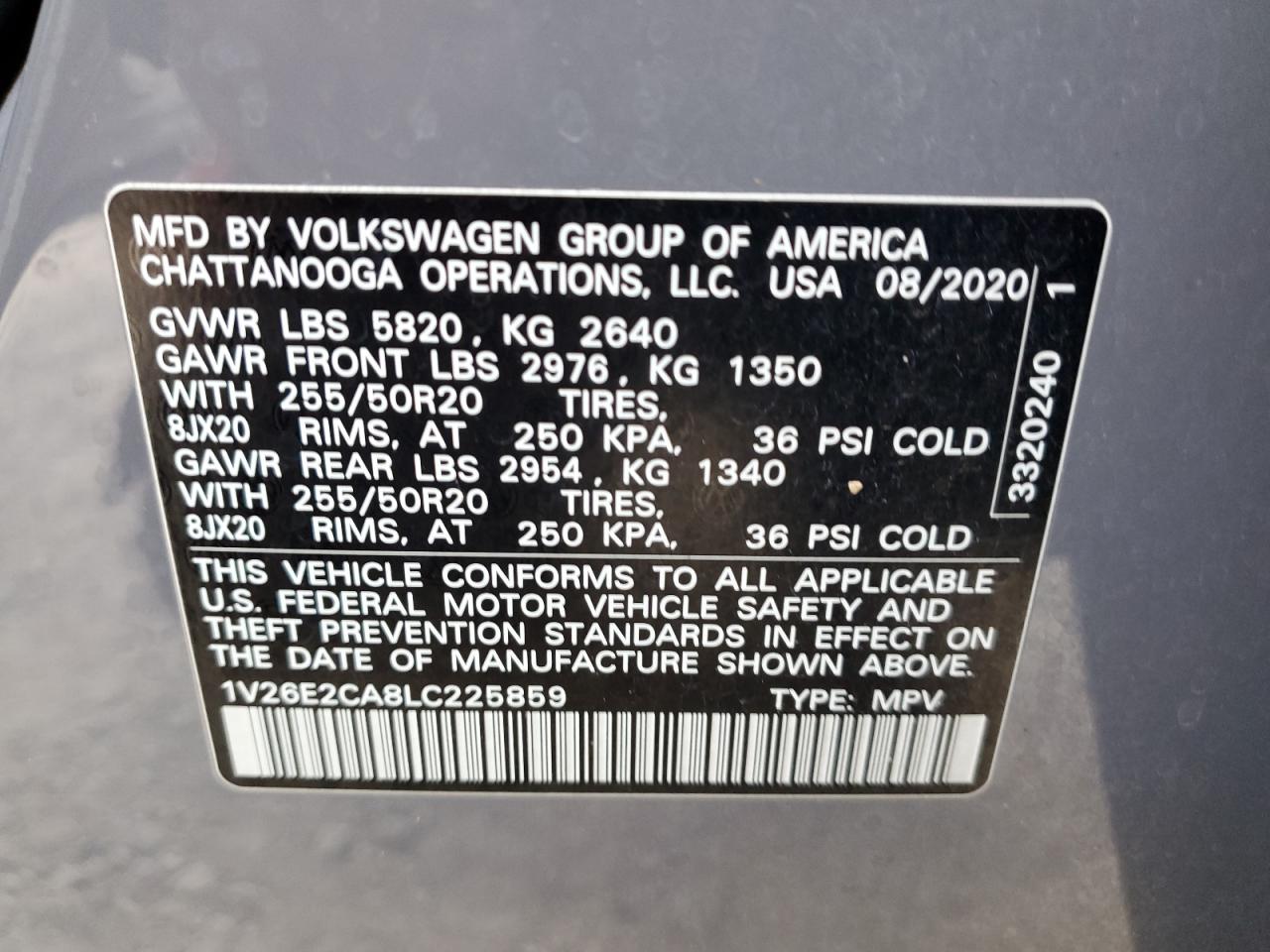 VIN 1V26E2CA8LC225859 2020 VOLKSWAGEN ATLAS no.13