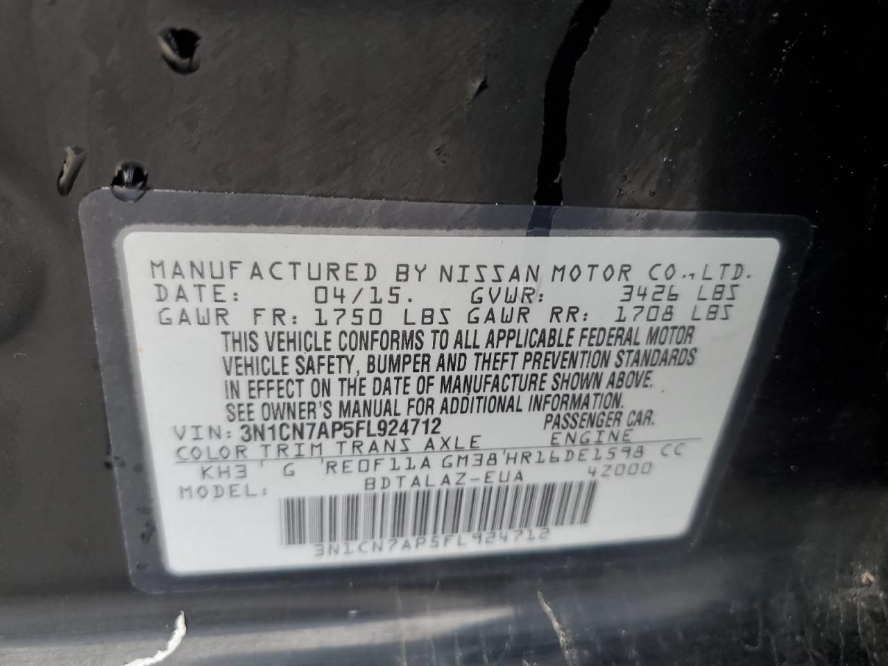 VIN 3N1CN7AP5FL924712 2015 NISSAN VERSA no.12