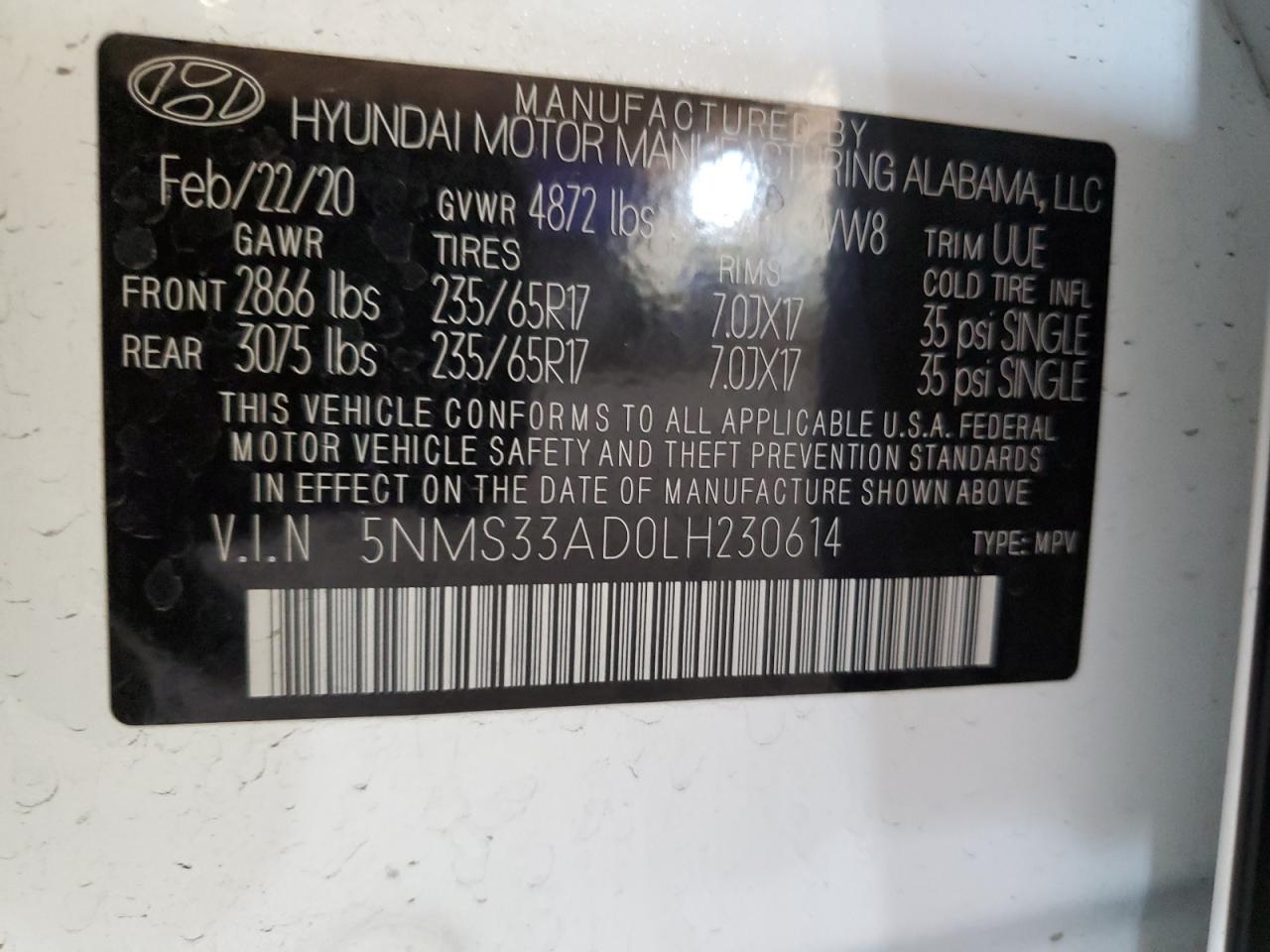 VIN 5NMS33AD0LH230614 2020 HYUNDAI SANTA FE no.13