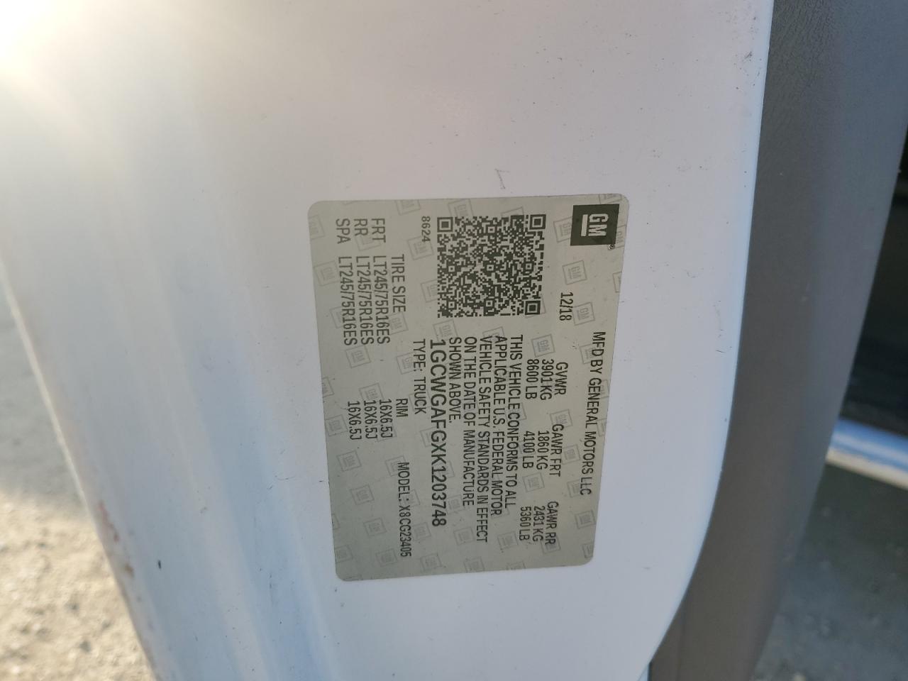 2019 Chevrolet Express G2500 VIN: 1GCWGAFGXK1203748 Lot: 84944724