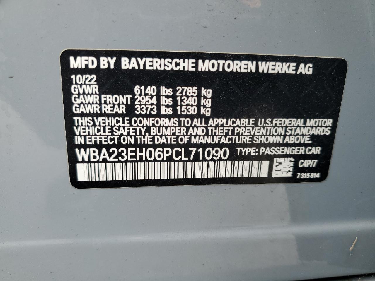 2023 BMW 740 I VIN: WBA23EH06PCL71090 Lot: 86557054