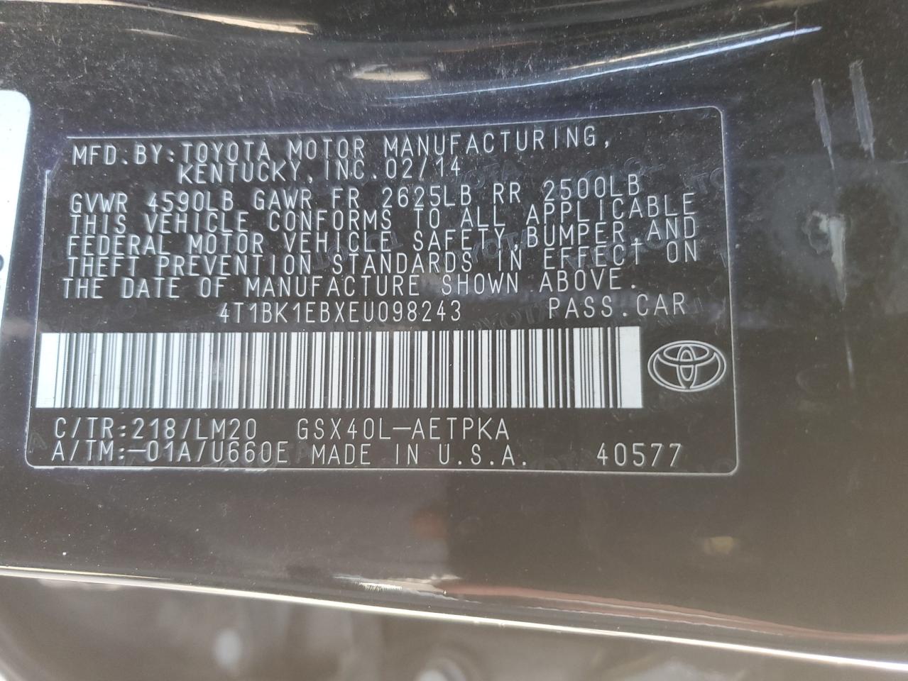 VIN 4T1BK1EBXEU098243 2014 TOYOTA AVALON no.12