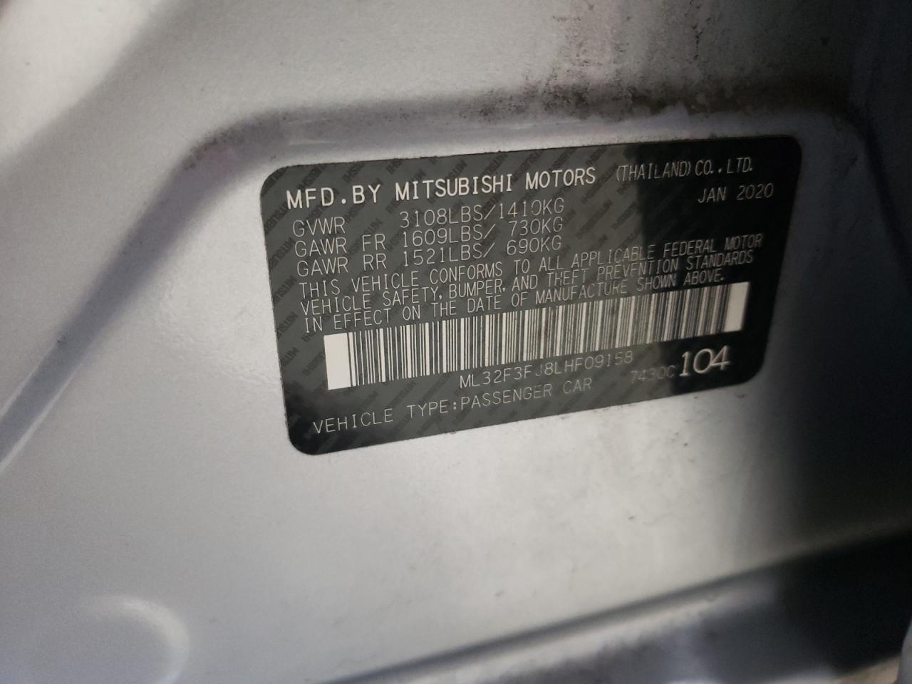 2020 Mitsubishi Mirage G4 Es VIN: ML32F3FJ8LHF09158 Lot: 86039094