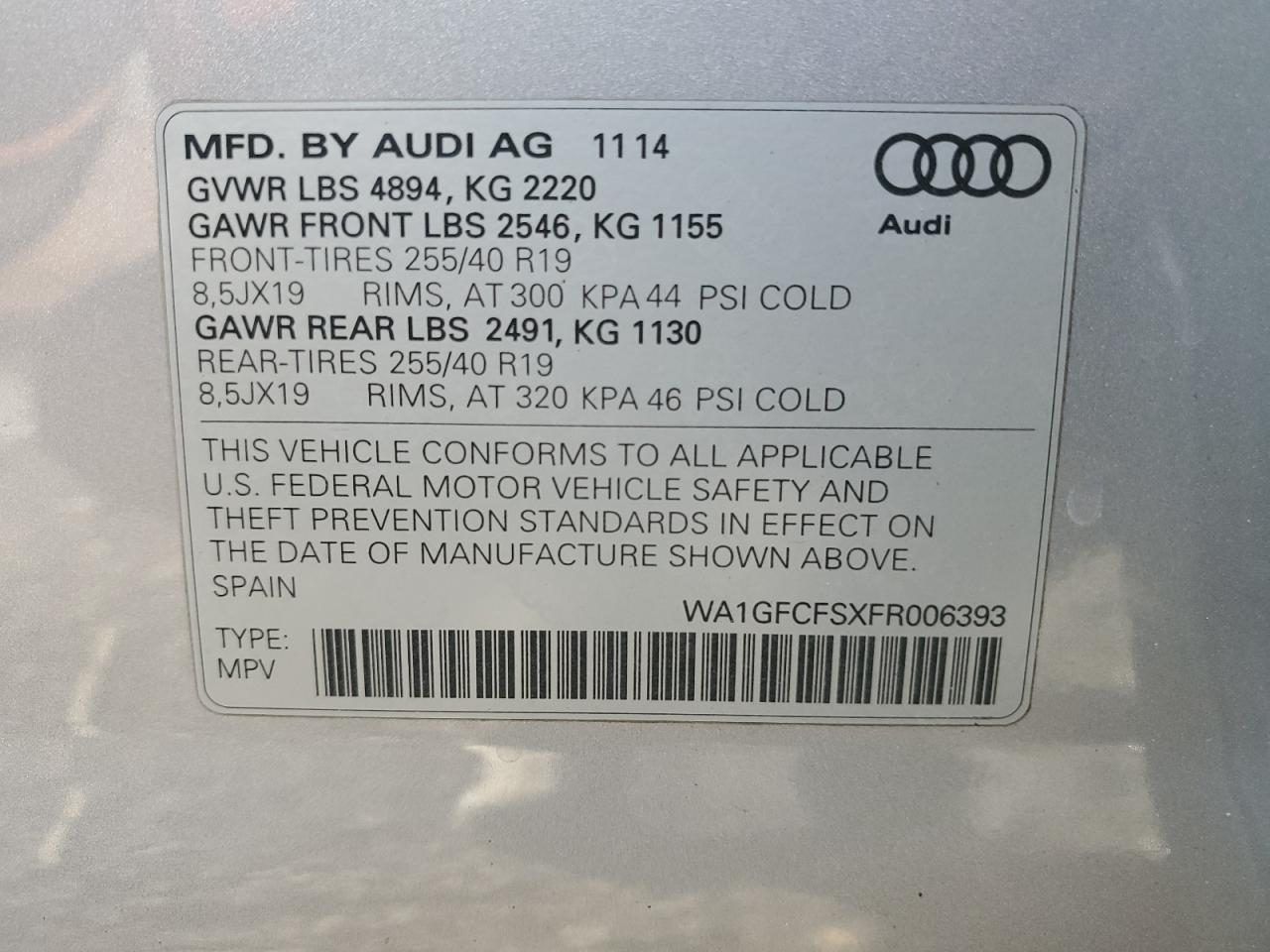 VIN WA1GFCFSXFR006393 2015 AUDI Q3 no.14