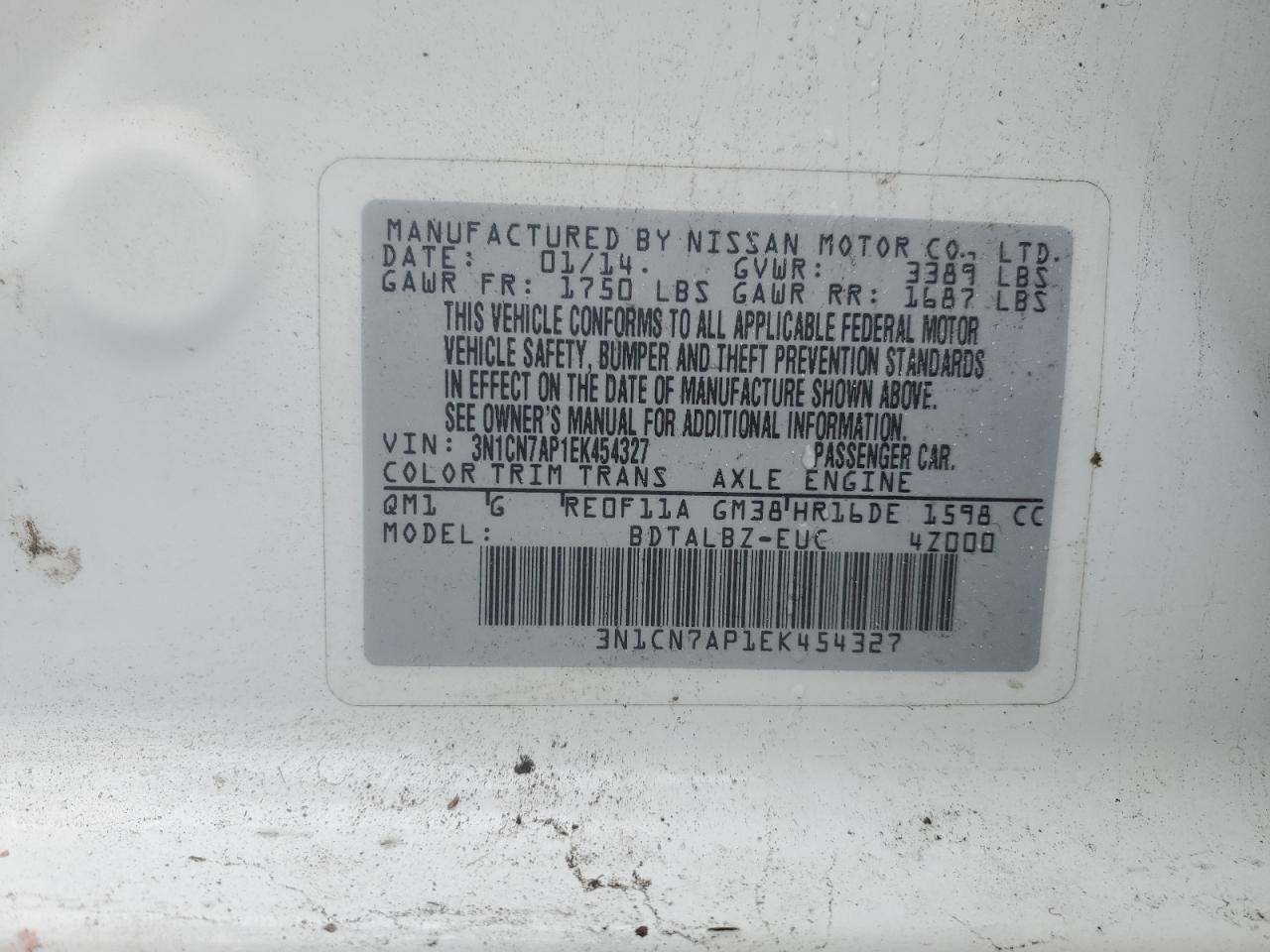 VIN 3N1CN7AP1EK454327 2014 NISSAN VERSA no.12