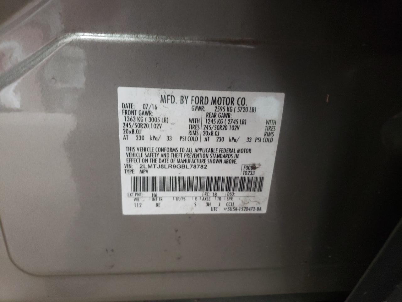 2016 Lincoln Mkx Reserve VIN: 2LMTJ8LR9GBL78782 Lot: 86944444