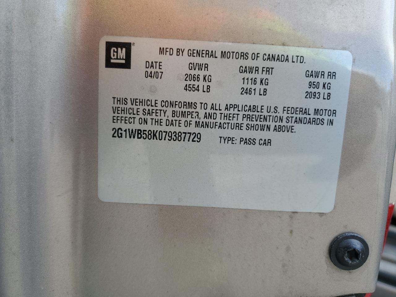 2007 Chevrolet Impala Ls VIN: 2G1WB58K079387729 Lot: 83693874