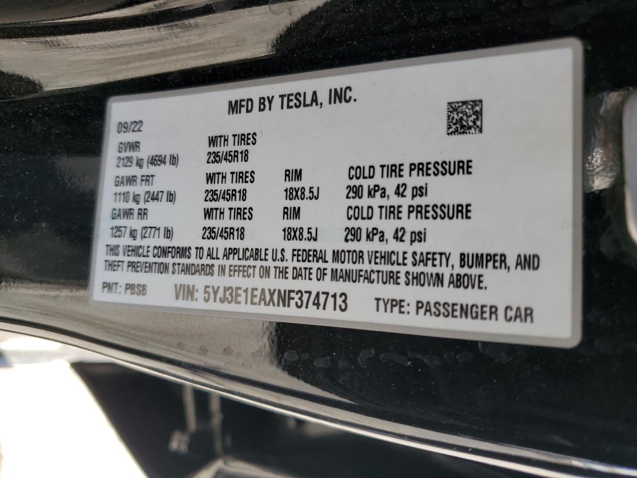 2022 Tesla Model 3 VIN: 5YJ3E1EAXNF374713 Lot: 85120454