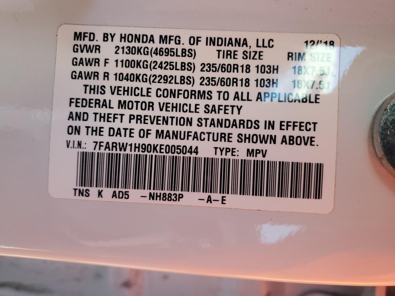 VIN 7FARW1H90KE005044 2019 HONDA CRV no.13