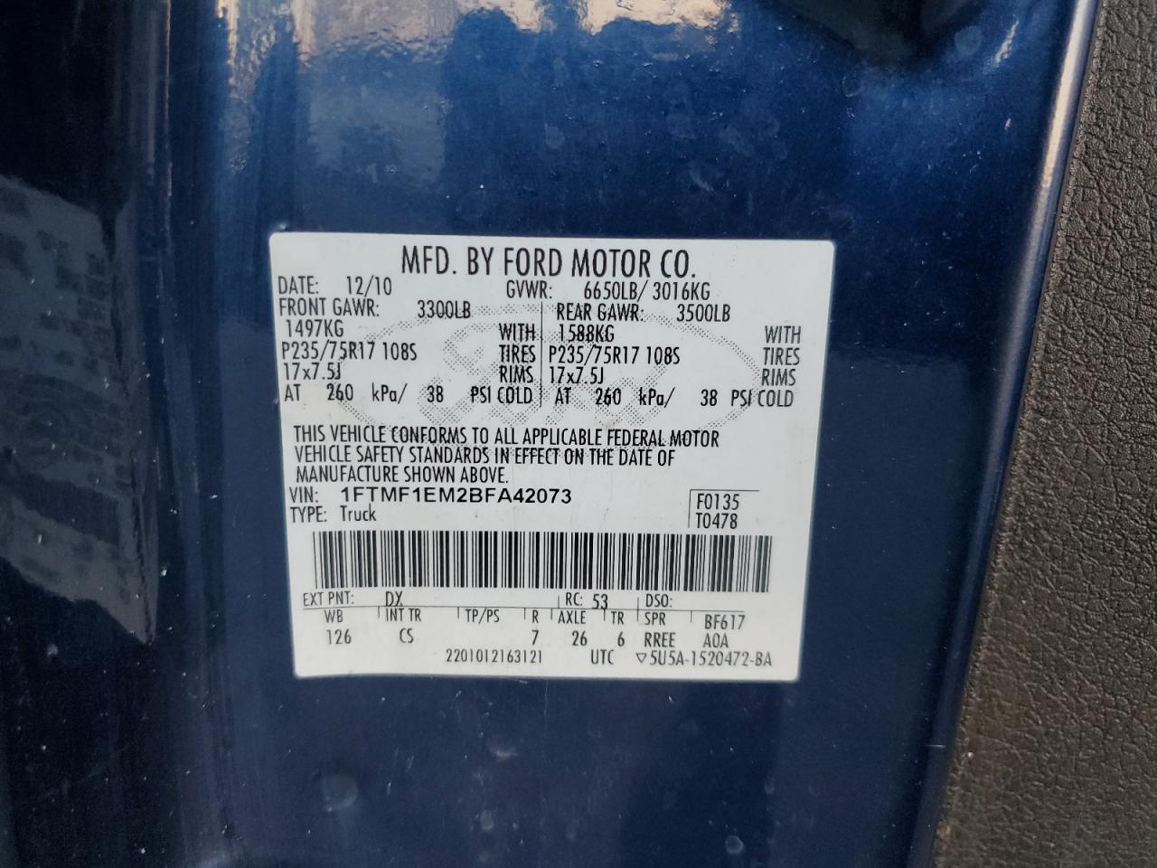 2011 Ford F150 VIN: 1FTMF1EM2BFA42073 Lot: 85560044