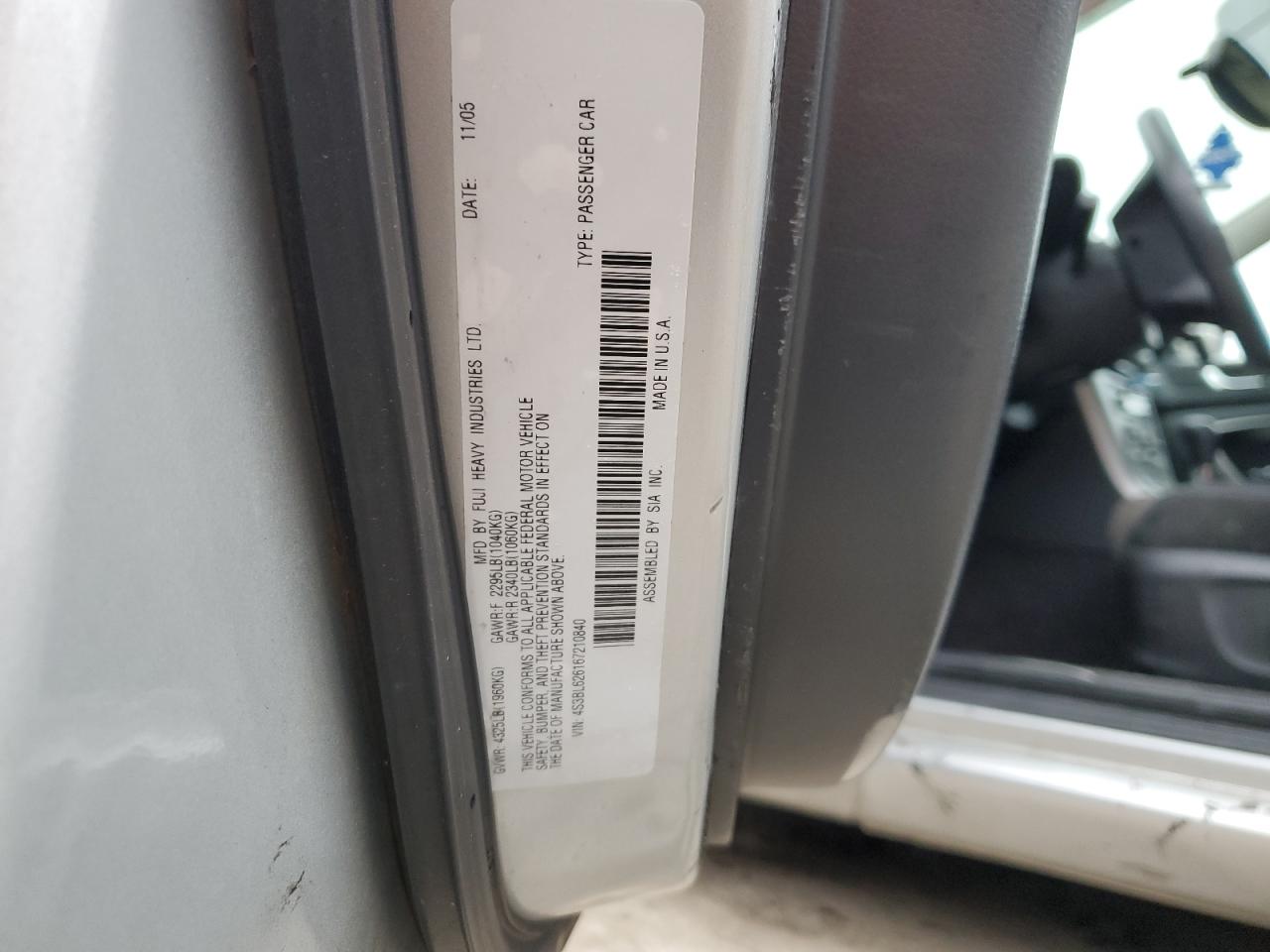 2006 Subaru Legacy 2.5I Limited VIN: 4S3BL626167210840 Lot: 85475544