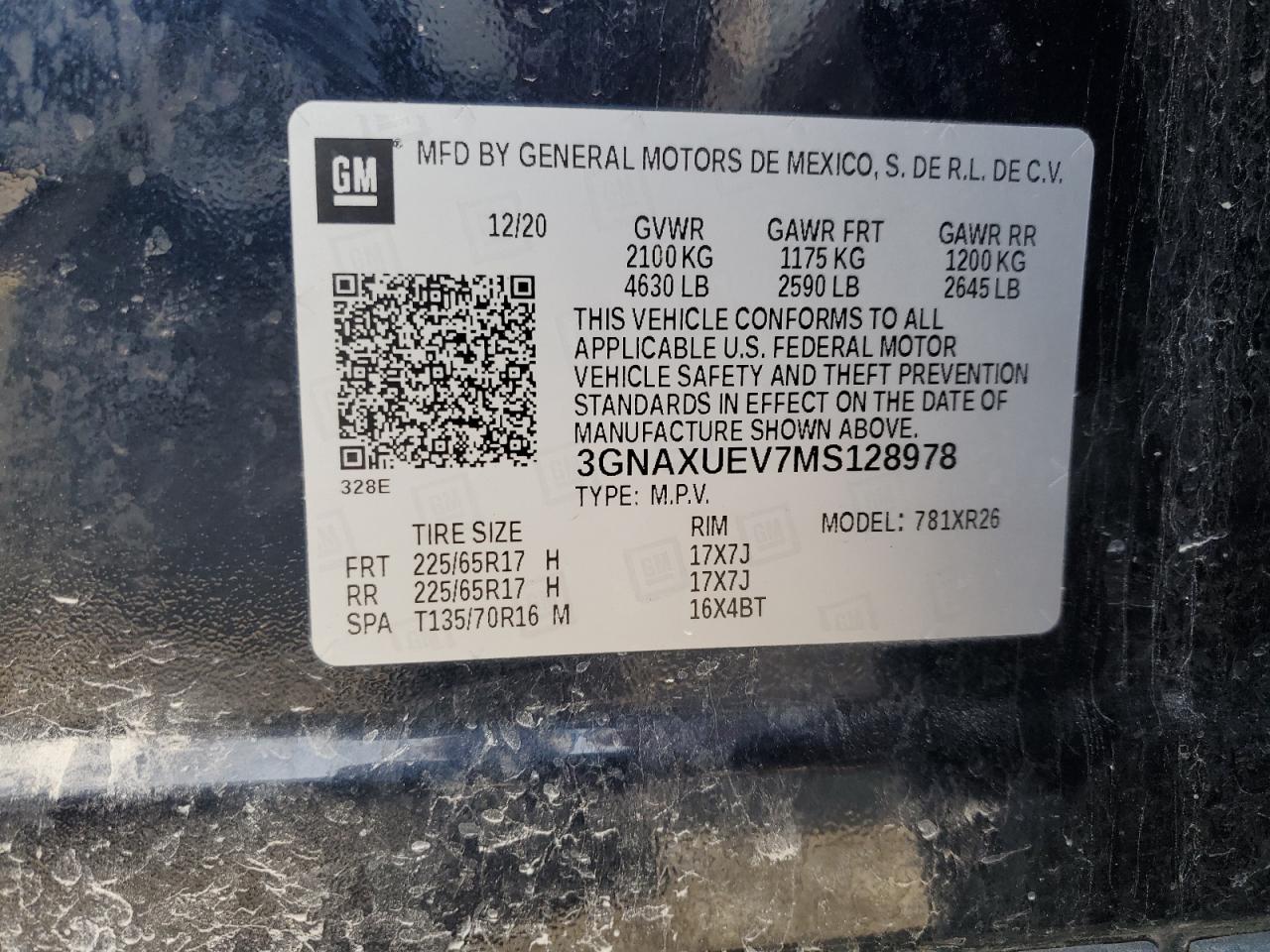 2021 Chevrolet Equinox Lt VIN: 3GNAXUEV7MS128978 Lot: 65381945