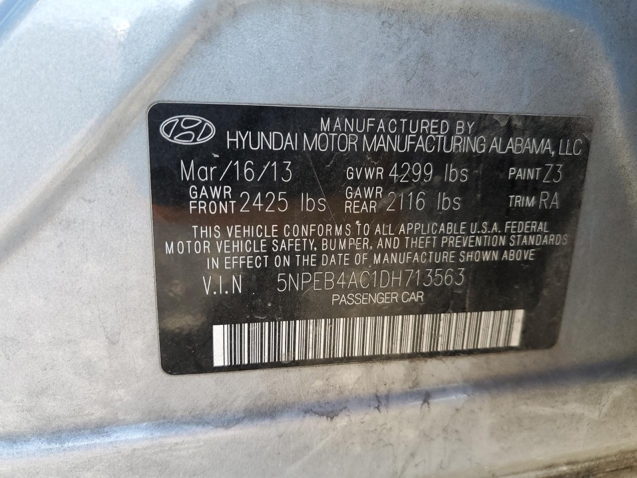 2013 Hyundai Sonata Gls VIN: 5NPEB4AC1DH713563 Lot: 84870854