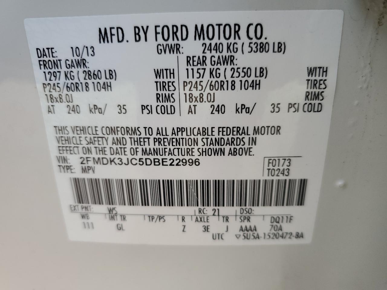 VIN 2FMDK3JC5DBE22996 2013 FORD EDGE no.12