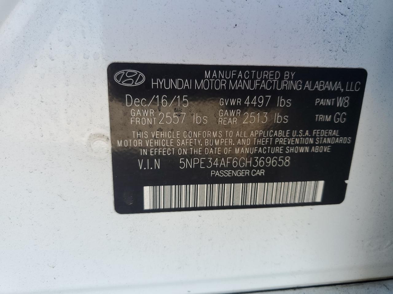 VIN 5NPE34AF6GH369658 2016 HYUNDAI SONATA no.12