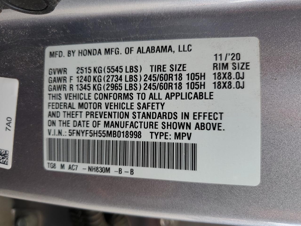 VIN 5FNYF5H55MB018998 2021 HONDA PILOT no.14