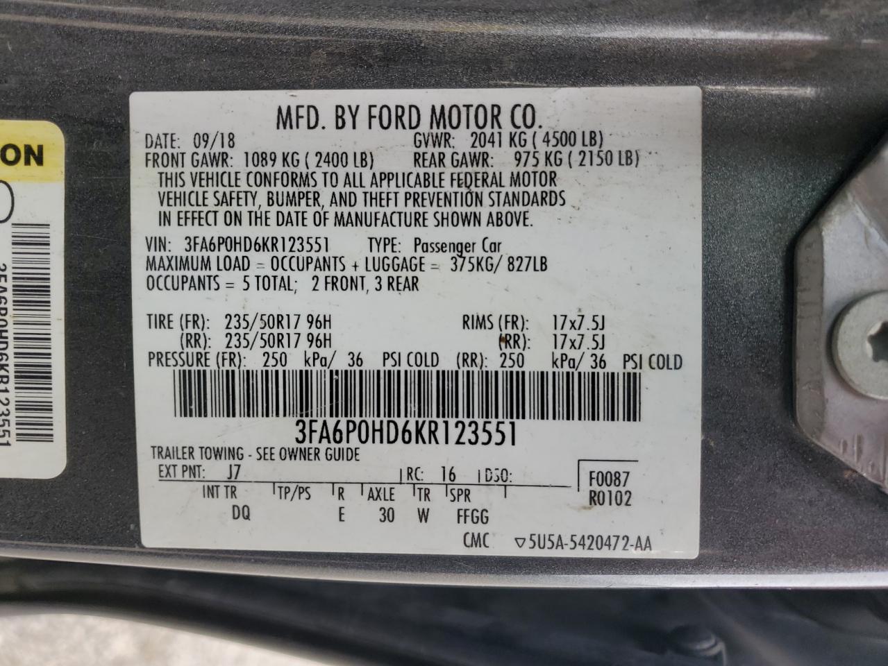 VIN 3FA6P0HD6KR123551 2019 FORD FUSION no.12