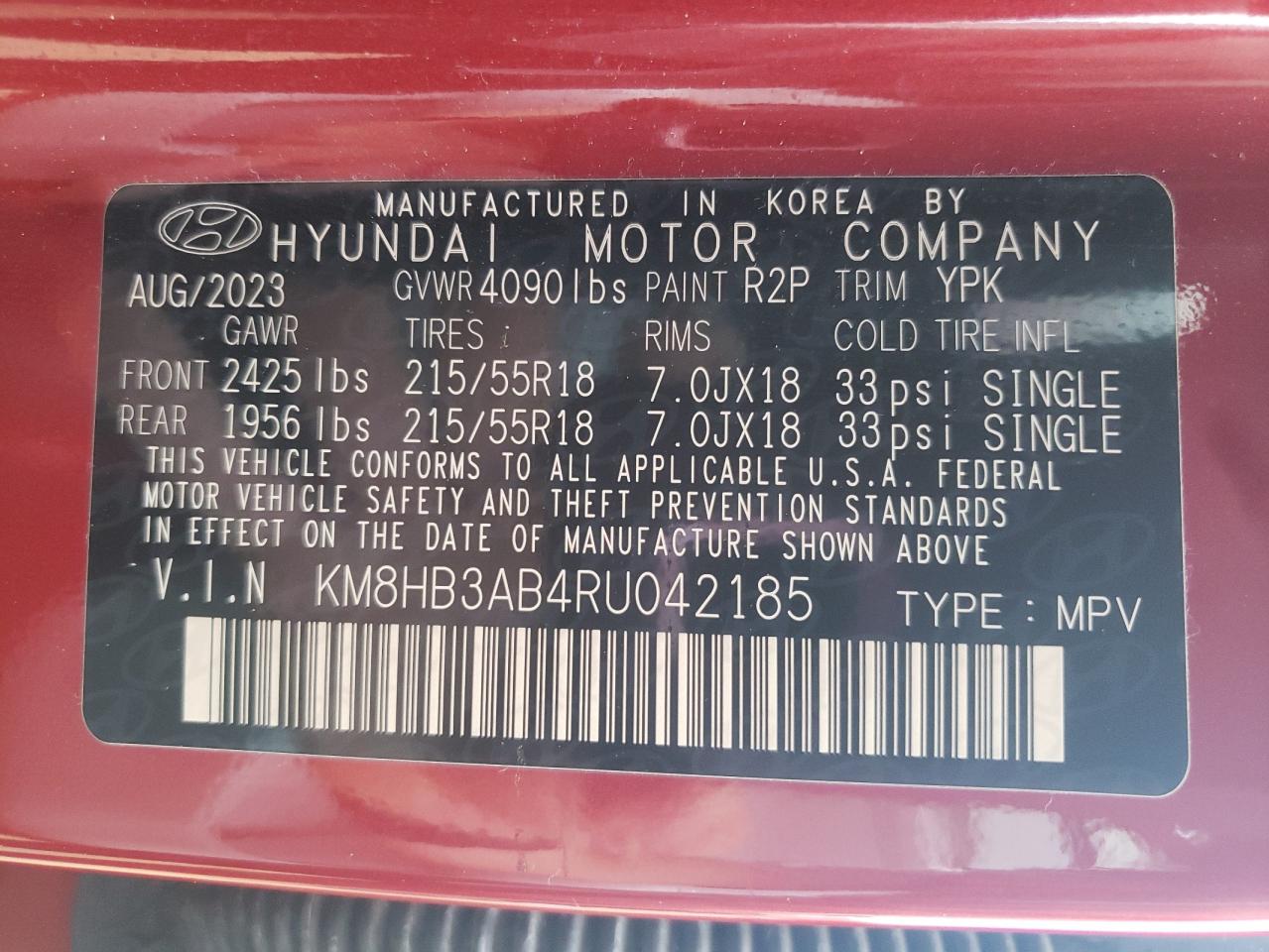 2024 Hyundai Kona Sel VIN: KM8HB3AB4RU042185 Lot: 85106944