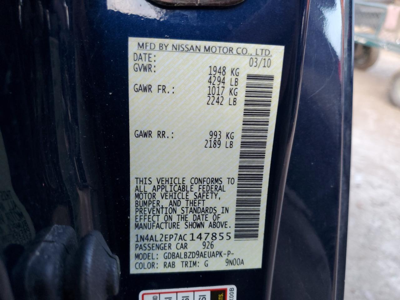 2010 Nissan Altima S VIN: 1N4AL2EP7AC147855 Lot: 87456635