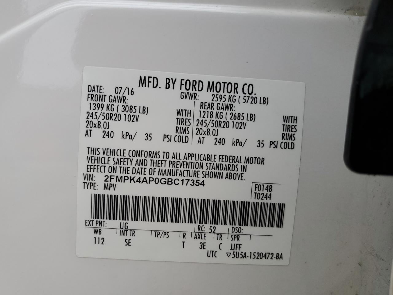 VIN 2FMPK4AP0GBC17354 2016 FORD EDGE no.14