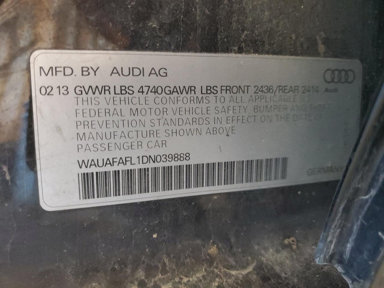 2013 Audi A4 Premium VIN: WAUAFAFL1DN039888 Lot: 84607714