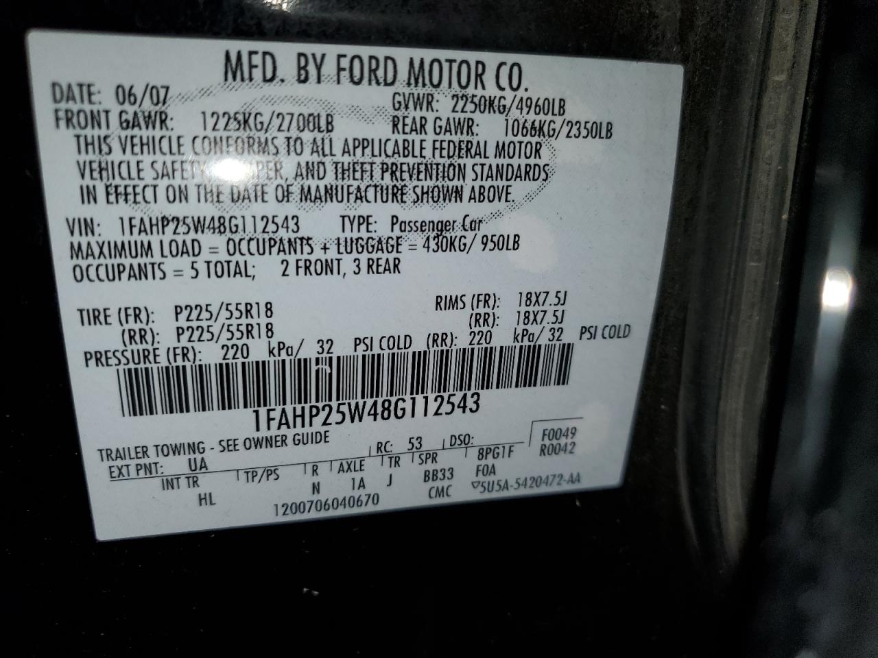 2008 Ford Taurus Limited VIN: 1FAHP25W48G112543 Lot: 83317684
