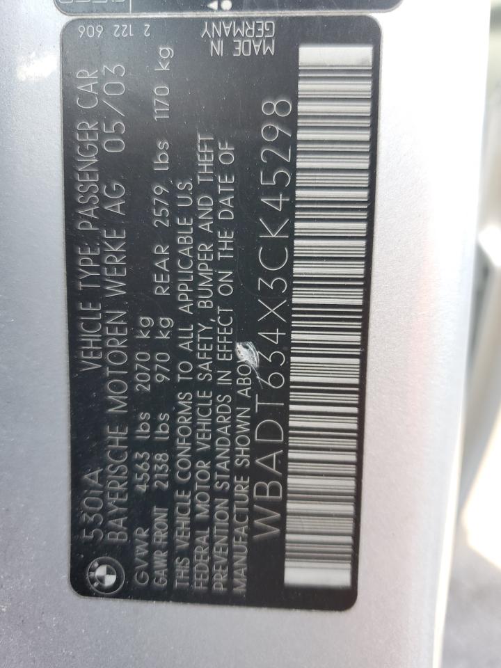 2003 BMW 530 I Automatic VIN: WBADT634X3CK45298 Lot: 81003124