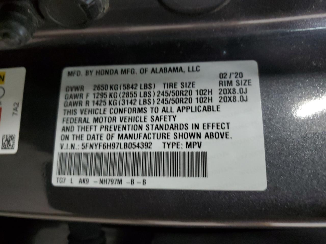 VIN 5FNYF6H97LB054392 2020 HONDA PILOT no.14