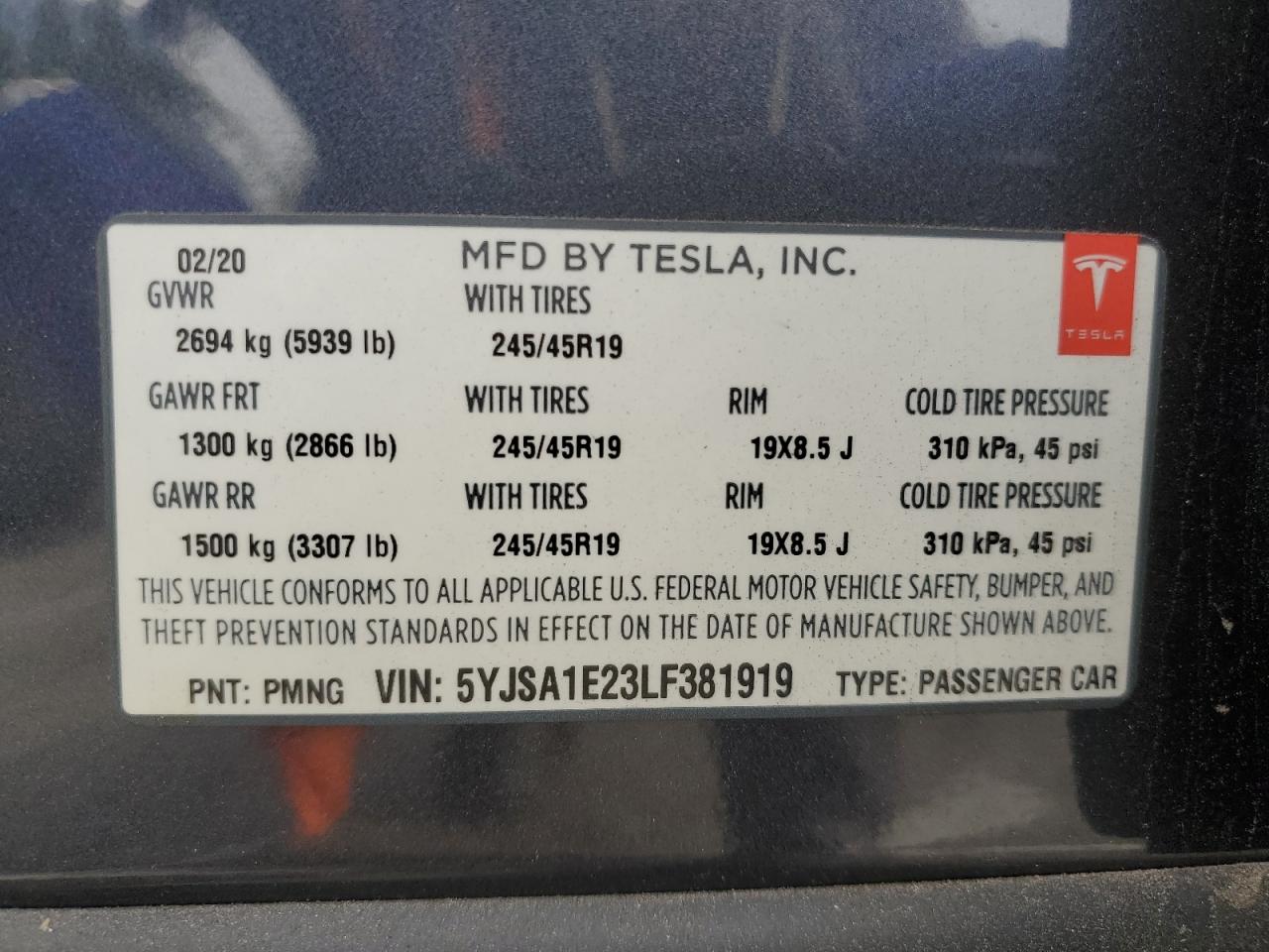 2020 Tesla Model S VIN: 5YJSA1E23LF381919 Lot: 84380754