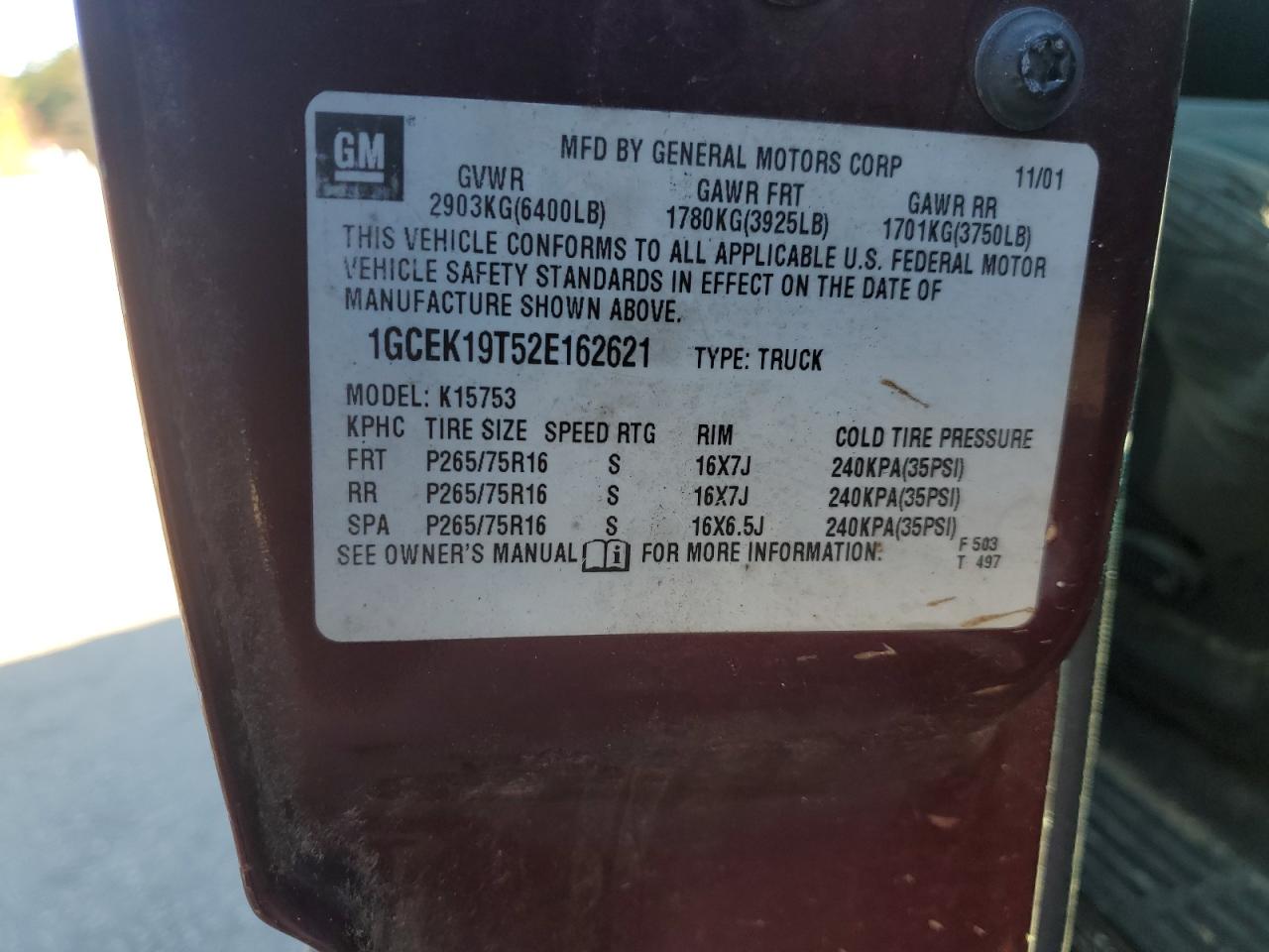 2002 Chevrolet Silverado K1500 VIN: 1GCEK19T52E162621 Lot: 82950244