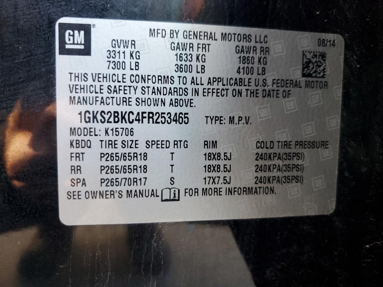 VIN 1GKS2BKC4FR253465 2015 GMC YUKON no.13