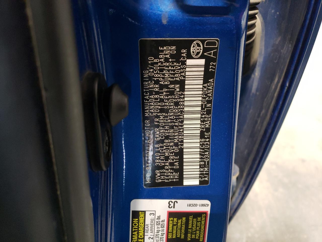 2010 Toyota Corolla Base VIN: 2T1BU4EE1AC388842 Lot: 85912804