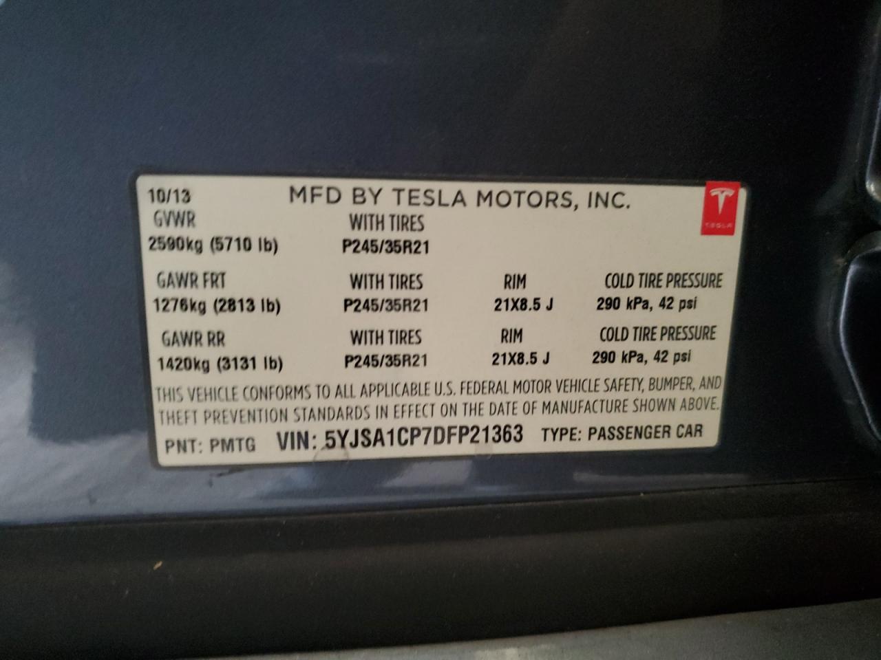 2013 Tesla Model S VIN: 5YJSA1CP7DFP21363 Lot: 85480574