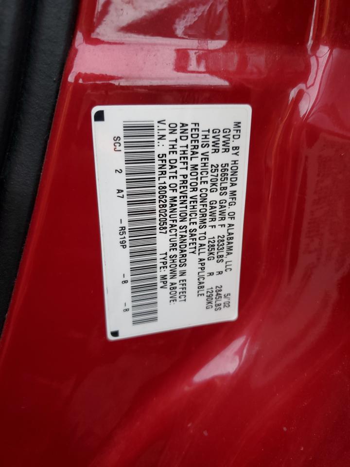 2002 Honda Odyssey Exl VIN: 5FNRL18062B020587 Lot: 85014644