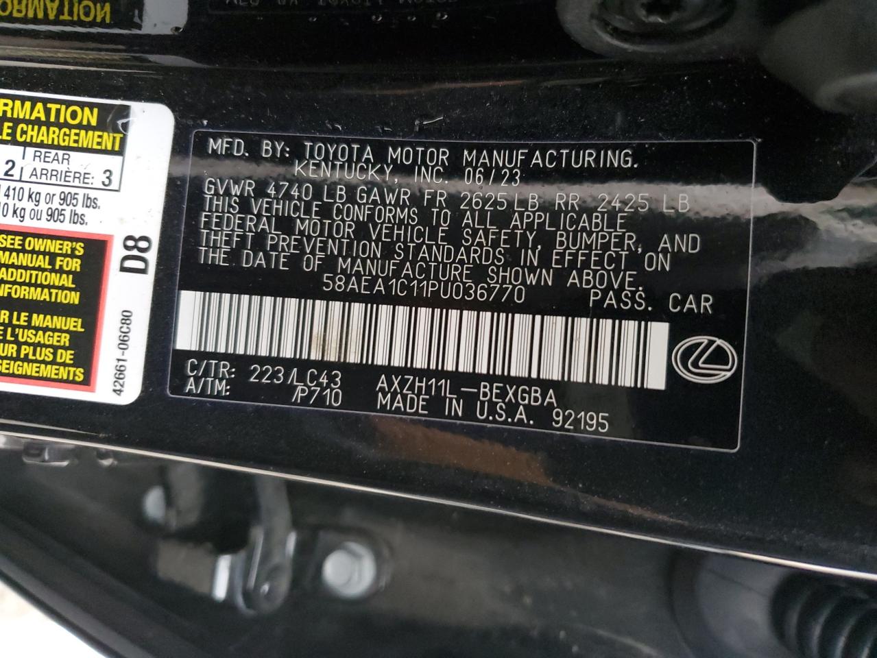 2023 Lexus Es 300H Base VIN: 58AEA1C11PU036770 Lot: 81509984