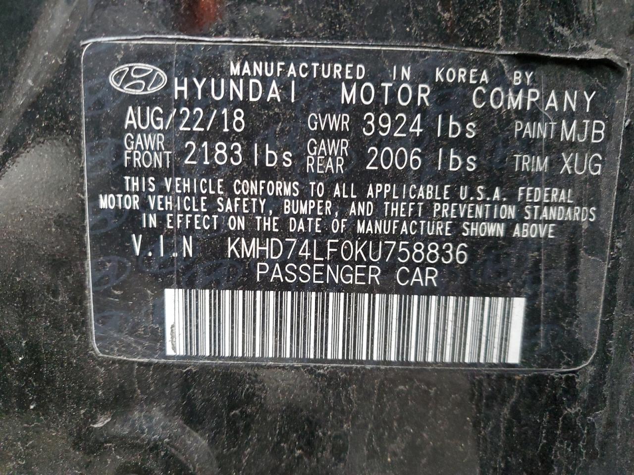 VIN KMHD74LF0KU758836 2019 HYUNDAI ELANTRA no.12