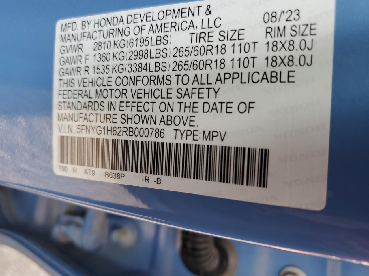 VIN 5FNYG1H62RB000786 2024 HONDA PILOT no.13