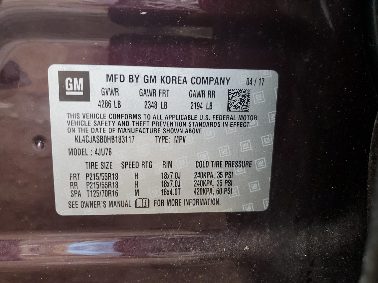 VIN KL4CJASB0HB183117 2017 BUICK ENCORE no.13