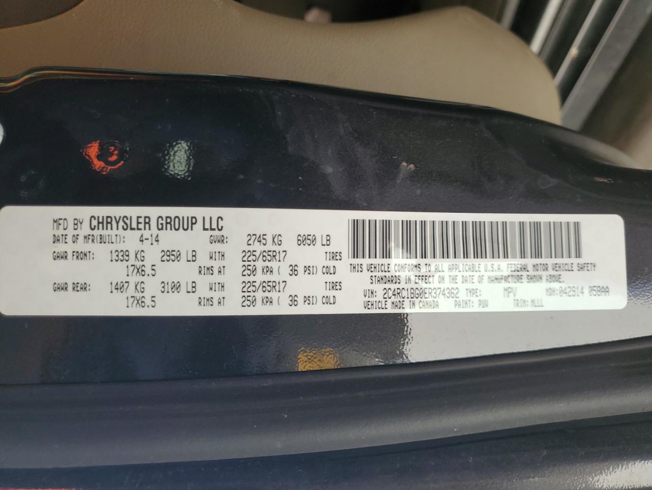 2014 Chrysler Town & Country Touring VIN: 2C4RC1BG0ER374362 Lot: 86592654