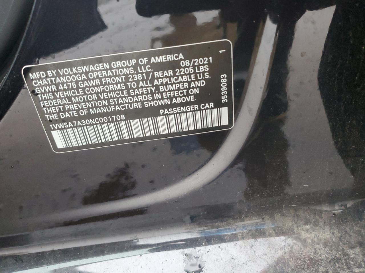 2022 Volkswagen Passat Se VIN: 1VWSA7A30NC001708 Lot: 84151254